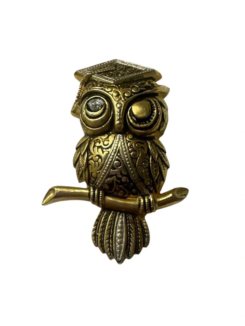 Gold Owl Brooch Pin - Elegant Filigree Design